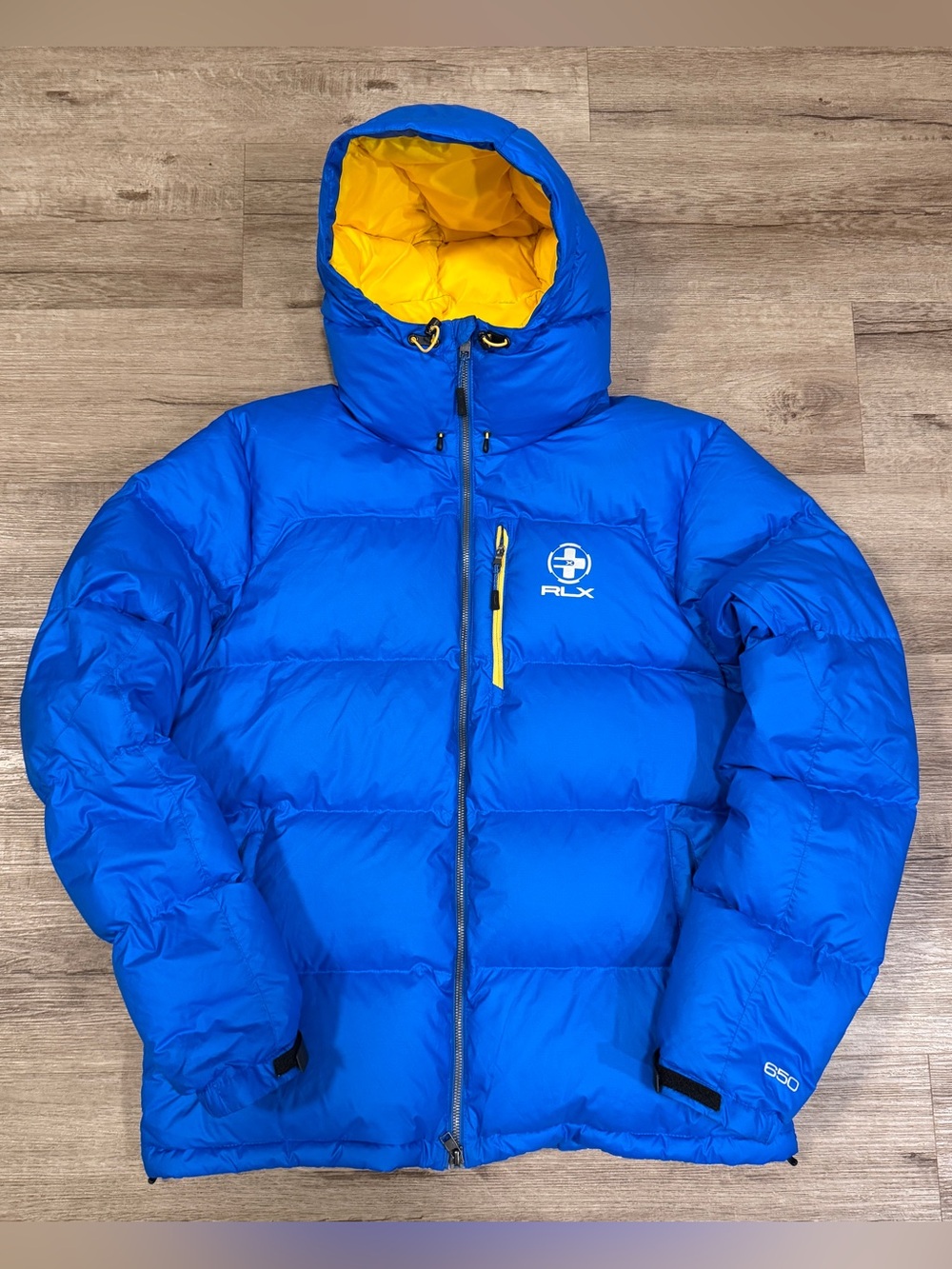 Ralph Lauren RLX Men’s Ripstop 650 Down Puffer Ski Jacket Size Large Blue Yellow